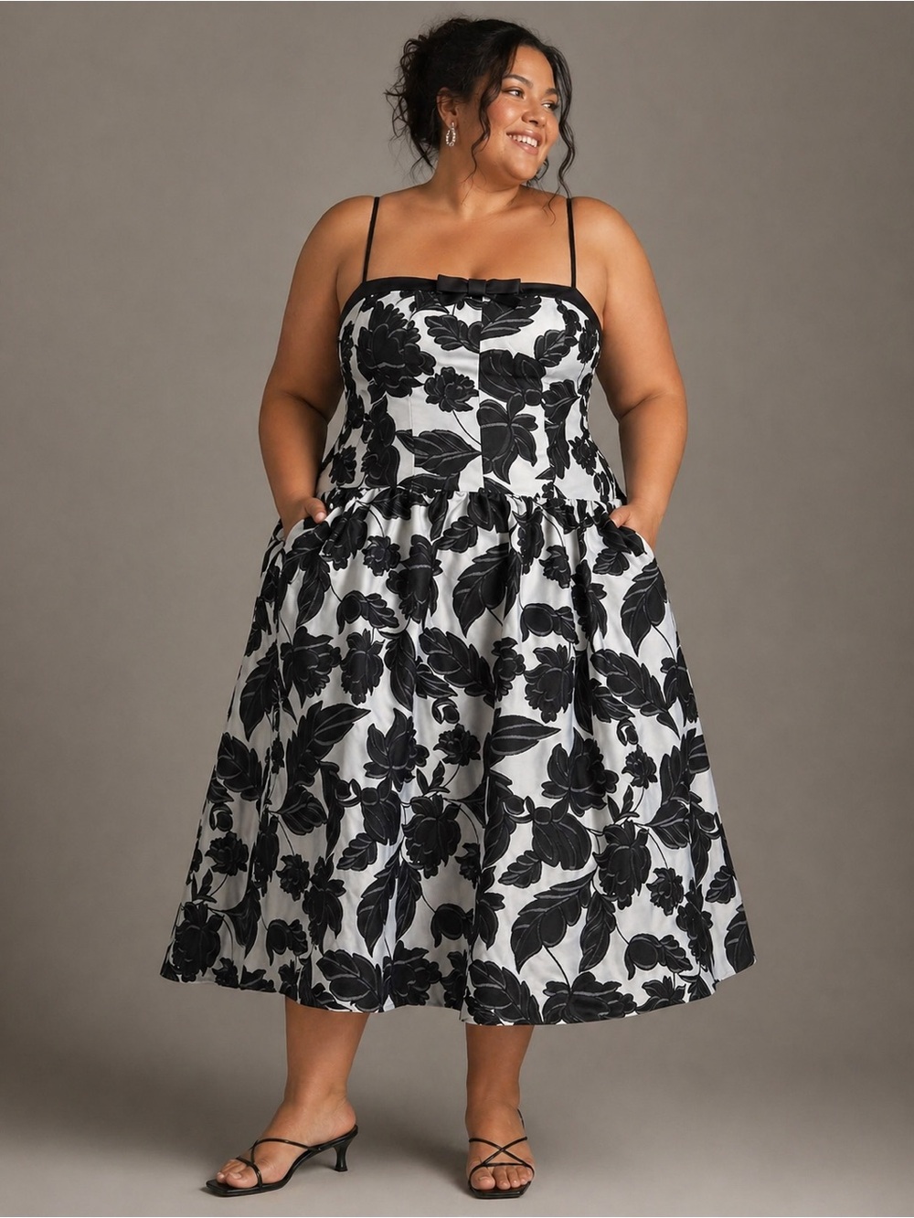 Anthropologie maeve black & white floral jacquard drop waist full cocktail dress
